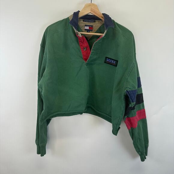 Tommy Hiilfiger Outdoors Green Cropped Pull Over Collared Sweatershirt Wmens M - Picture 2 of 13